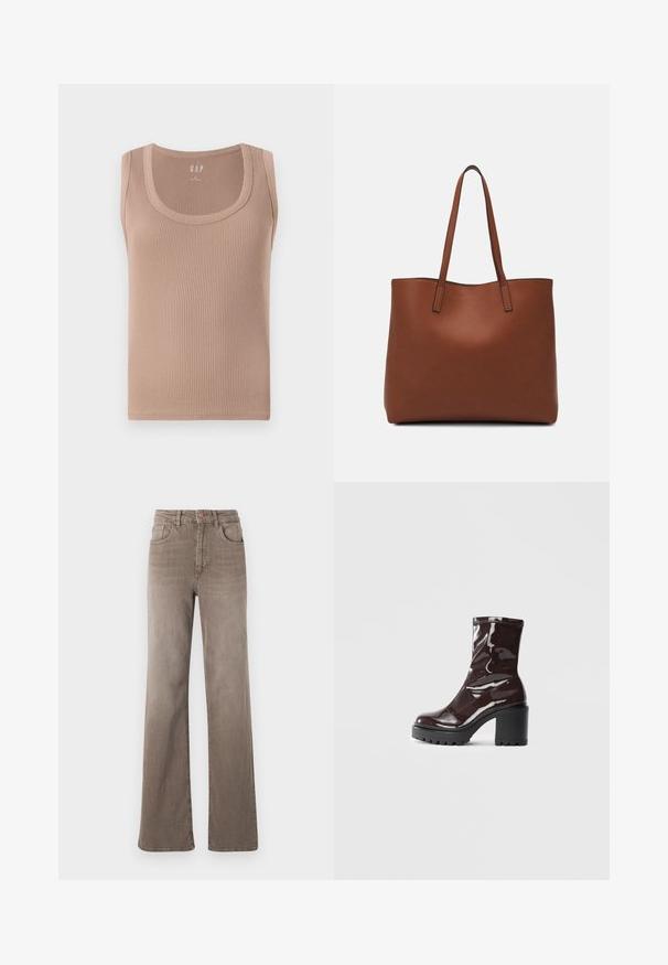 Ribbed, sleeveless tank top in a soft beige tone. Features a round neckline and a fitted silhouette with smooth edges.; Brown high-waist straight-leg jeans with front button, belt loops, and classic five-pocket design on a white background.; Glossy burgundy ankle boot with a chunky black heel, featuring a smooth texture and simple design. No visible fastenings or patterns.; Brown leather tote bag with a smooth texture, open top design, and two shoulder straps. Features minimal stitching and no visible hardware.