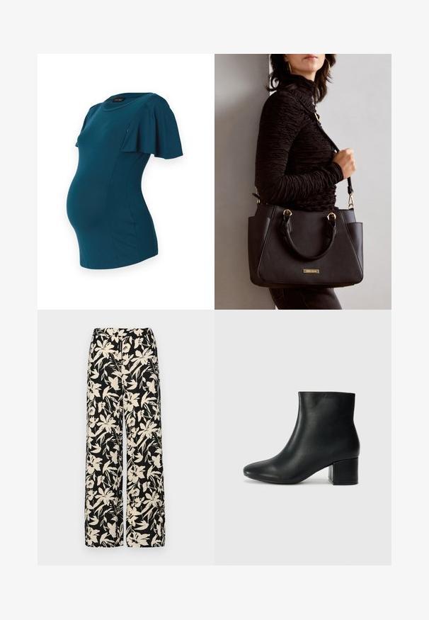 Teal graviditetskjole med korte, lette ermer, tætsiddende overdel og rund halsudskæring, lavet af blødt, strækbart stof.; Sorte vide bukser med et cremet blomster mønster. Fremstillet af letvægtsstof, med en glat tekstur og en høj talje.; Sorte skinn ankelsko med spiss tå og chunky hæl. Glatt tekstur med minimale detaljer og et elegant, tettsittende design.; Svart håndveske med teksturert overflate, doble topphåndtak og justerbar skulderrem. Har detaljer i gulltone og sidelommer.