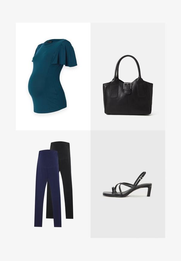 Mėlynas nėštukės suknelė su trumpomis plazdančiomis rankovėmis, prigludusia liemene ir apvaliu kaklu, pagaminta iš švelnios, tampos medžiagos.; Duos elastinių kelnių, viena tamsiai mėlyna, o kita juoda, pasižyminčių lygiu paviršiumi ir aukšta liemene, užtikrinančia tvirtą prigludimą.; Juodi šlepetės su kvadratiniu pirštu ir žemu bloku kulnu. Yra keli ploni dirželiai ir reguliuojamas kulkšnies diržas. Pagaminti iš lygios odos.; Juodas odinis nešiojamas krepšys su lygiu paviršiumi, struktūrine forma, dviem rankenėlėmis ir ryškiu sidabriniu sagties akcentu priekyje.