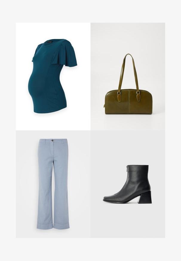 Teal graviditetskjole med korte, lette ermer, tætsiddende overdel og rund halsudskæring, lavet af blødt, strækbart stof.; Lys blå linbukser med rette ben, knappefeste og oppbrett i kanten. Glatt tekstur, designet for uformelt bruk.; Sorte skinnankelsko med firkantet tå, glidelås på siden og blokkhæl mot en vanlig lys bakgrunn.; Olivengrønn lærveske med rund form, doble håndtak og sømløft front. Har en jevn tekstur og subtile sømdetaljer.
