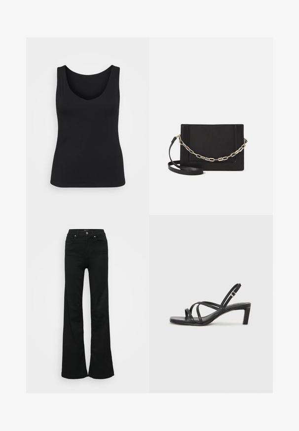 Svart ermeløs tanktopp med rund hals vist mot en hvit bakgrunn, som fremhever det enkle, allsidige designet.; Svarte utsvingte jeans laget av denim, med høy midje, fem lommer og metallknapplukking. Glatt tekstur med minimal detaljering.; Sorte sandaler med stropper, firkantet tå og lav blokk hæl. Har flere tynne stropper og en justerbar ankelstropp. Laget av glatt lær.; Svart lær crossbody-veske med glatt tekstur, rektangulær form og metallkjede detaljer på framsiden. Justerbar stroppe inkludert.; Sølv ring med dobbelt bånd og en glatt, polert overflate. Har et flytende, buet design med overlappende seksjoner for et moderne utseende.