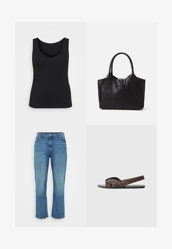 Juoda be rankovių marškinė su apvalia iškirpte, pristatyta ant baltos fono, pabrėžiant jos paprastą, universalią dizainą.; Šviesiai mėlynos džinsinės kelnės su tiesiu kojų kirpimu, turinčios penkias kišenes, diržo kilpas ir subtiliai išblukusius priekinius šonus.; Rudos odinės šlepetės su kryžminiu dirželio dizainu, plokščiu juodu padu ir reguliuojamu užpakaliniu dirželiu. Lygi tekstūra ir minimalūs metaliniai akcentai.; Juodas odinis nešiojamas krepšys su lygiu paviršiumi, struktūrine forma, dviem rankenėlėmis ir ryškiu sidabriniu sagties akcentu priekyje.