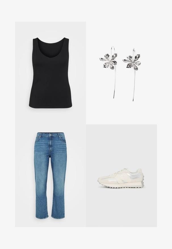 Top sem mangas preto com decote em forma de U exposto contra um fundo branco, destacando seu design simples e versátil.; Jeans de ganga azul clara com um design de perna reta, apresentando cinco bolsos, passantes para cinto e um desbotado subtil na parte da frente.; Ténis de perfil baixo creme e prateado com atacadores e sola texturizada, visto de lado contra um fundo branco simples.; Brincos em forma de flor prateados com um acabamento texturizado, apresentando ganchos longos e detalhes semelhantes a pétalas para um design intrincado.