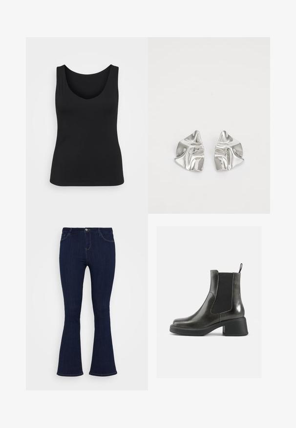 Čierny bezrukávový top s výstrihom v tvare polkruhu, zobrazený na bielom pozadí, s dôrazom na jeho jednoduchý a univerzálny dizajn.; Tmavomodré riflové nohavice s vysokým pásom, priliehajúce na stehnách a s miernym rozšírením na spodnej časti, so prednými vreckami a zapínaním na gombík.; Čierne kožené členkové čižmy s hladkým povrchom, elastickými bočnými panelmi a masívnym opätkom. Obsahujú úchyt na jednoduchšie obúvanie.; Strieborné kovové náušnice s vlnitým, sochárskym dizajnom, s lešteným povrchom a nepravidelnými tvarmi, ktoré zvýrazňujú súčasnú estetiku.