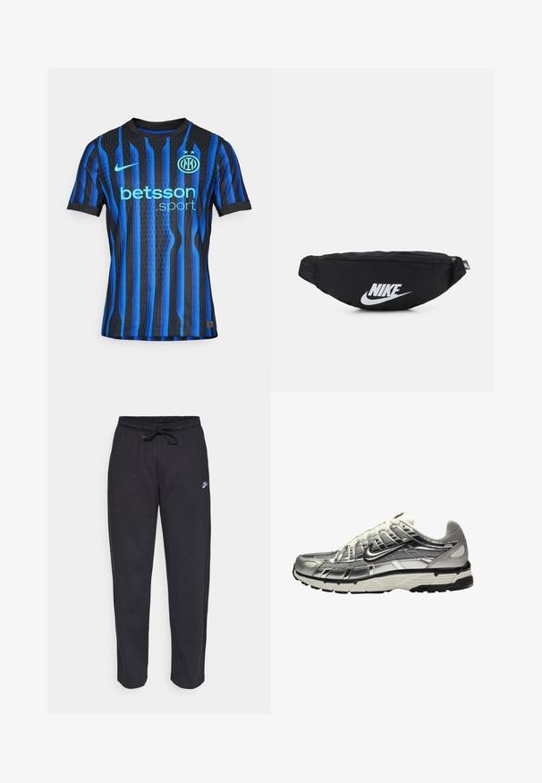 Modrá a čierna pruhovaná triková košeľa s krátkym rukávom vyrobená z priedušného materiálu, so znakom, sponzorským textom a dvoma hviezdami nad emblémom.; Čierne tepláky vyrobené z mäkkej tkaniny s elastickým pásom, sťahovacou šnúrkou a malým logom Nike na ľavom stehne.; Strieborná a čierna športová obuv s vrchnou časťou z mäkkej textílie a syntetického materiálu, objemový dizajn a textúrovaný povrch. Obsahuje polstrovaný golier a gumovú podrážku.; Čierny nylonový ledvinkový batoh so zipsovým uzáverom, s veľkým bielym logom Nike. Hladký povrch a ergonomický dizajn pre pohodlné nosenie.