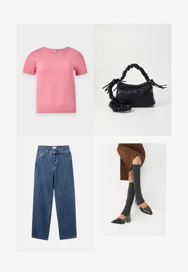 Tricou roz cu mânecă scurtă, dintr-un material moale, cu decolteu rotund și un design ușor ajustat.; Jeans clasice din denim albastru, cu un design drept, cinci buzunare și închidere cu nasture. Prezentând o spălare medie și o textură rezistentă.; Pantofi negri din piele lacuită, cu vârful ascuțit, toc bloc și curea la glezna, asortați cu jambiere gri cu nervuri și o fustă din suede maro.; Geantă din faux leather neagră cu textură de crocodil, cu partea superioară strânsă și o curea mototolită. Pare moale și compactă ca design.