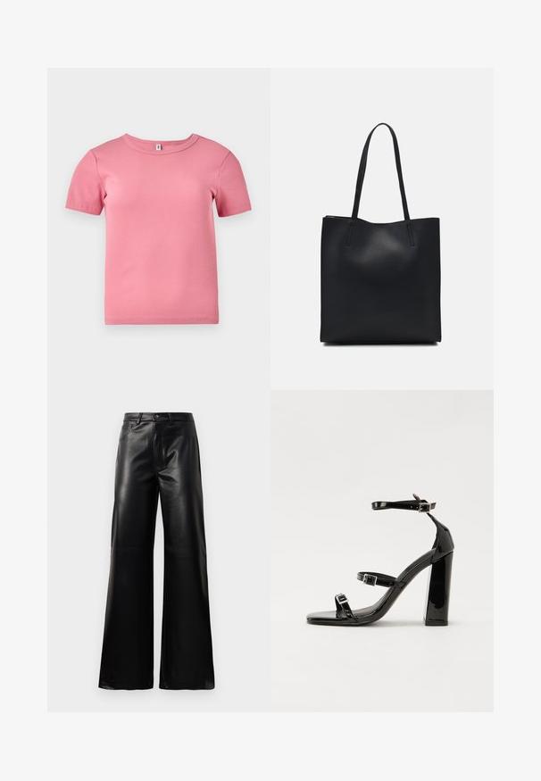 Rövid ujjú, rózsaszín bordás póló, puha anyagból készült, kerek nyakkivágással és enyhén testreszabott fazonnal.; Fekete, magas derekú, széles lábú, műbőr nadrág elülső gombbal, cipzárral, övbújtatókkal és oldalsó zsebekkel, fehér háttérrel.; Fekete lakk magas sarkú szandál négyzet alakú orral, bokapántokkal és ezüst csatokat tartalmaz. Masszív blokk sarka a stabilitásért felel.; Fekete bőrtáska sima felszínnel, téglalap alakú, két hosszú füllel. Nincs látható fémkiegészítő vagy díszítés.