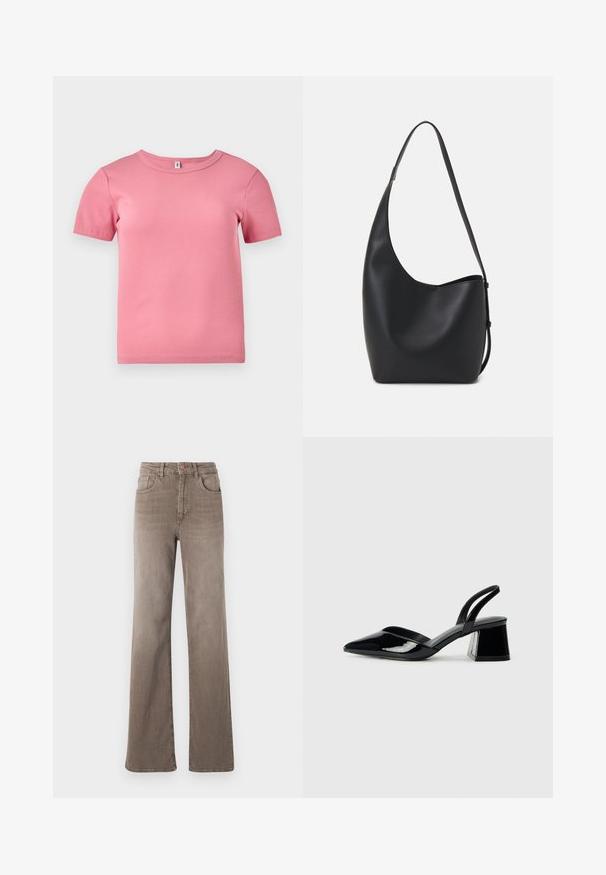 Lyhythihainen vaaleanpunainen ribbikuvioitu T-paita, joka on valmistettu pehmeästä kankaasta ja jossa on pyöreä pääntie sekä hieman vartalonmyötäinen muoto.; Kuhun ruskeat korkeavyötäröiset suorat farkut etuvipusella, vyölenkeillä ja klassisella viiden taskun muotoilulla valkoista taustaa vasten.; Mustat patentoitu nahkakengät, joissa on säären takaosa ja terävä kärki, sekä geometrinen palikkakorko. Sisältää tyylikkään, minimalistisen muotoilun ja sileän pinnan.; Musta nahkainen hobo-laukku, jossa on sileä pinta, kaareva muoto ja yksi säädettävä olkahihna; sisäänkäynti on leveä ylhäältä.