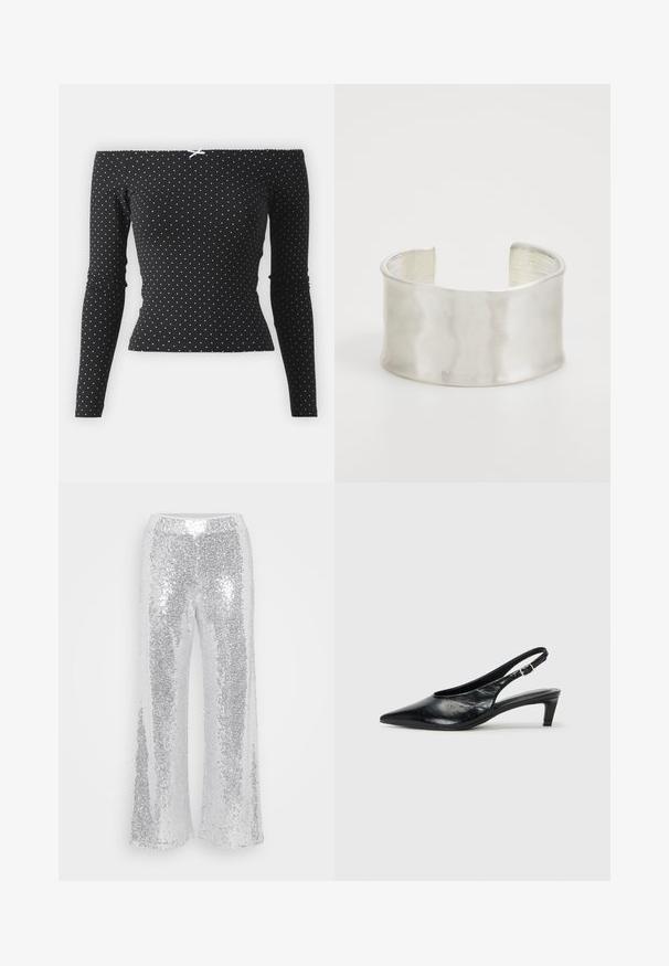 Top preto com ombros à mostra, mangas longas, com bolinhas brancas e um laço decorativo azul claro nas costas. Feito de tecido macio.; Calças largas prateadas com lantejoulas e uma cintura alta. O tecido brilha e reflete a luz, apresentando uma textura suave e brilhante.; Sandal de salto slingback em couro preto com bico apontado, salto baixo estilo kitten e tira ajustável com fivela. Textura lisa com detalhes mínimos.; Zign Pulseira - silver-coloured