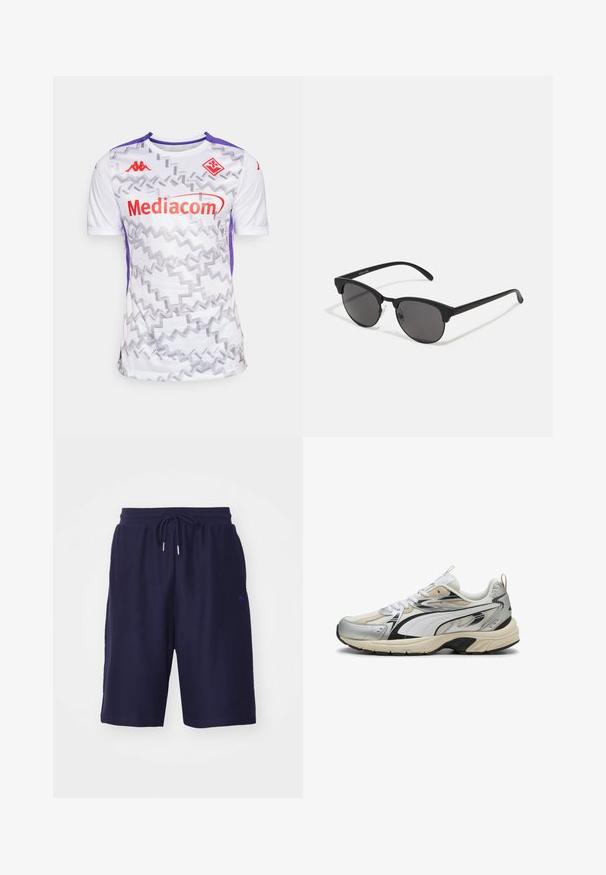 Kappa Gara FIORENTINA ABOUPRE PRO 8 - Squadra - white/violet indigo; Pantaloni corti in cotone blu navy con vita elasticizzata e cordoncino, tessuto a texture e piccolo logo viola sulla gamba sinistra.; Sneakers con un design in argento, bianco e nero, realizzati in materiali in mesh e sintetici, con una suola testurizzata e accenti a contrasto.; Occhiali da sole neri con lenti rotonde, finitura opaca e forma distintiva a occhio di gatto. Astine sottili con un branding discreto sulla tempia sinistra.