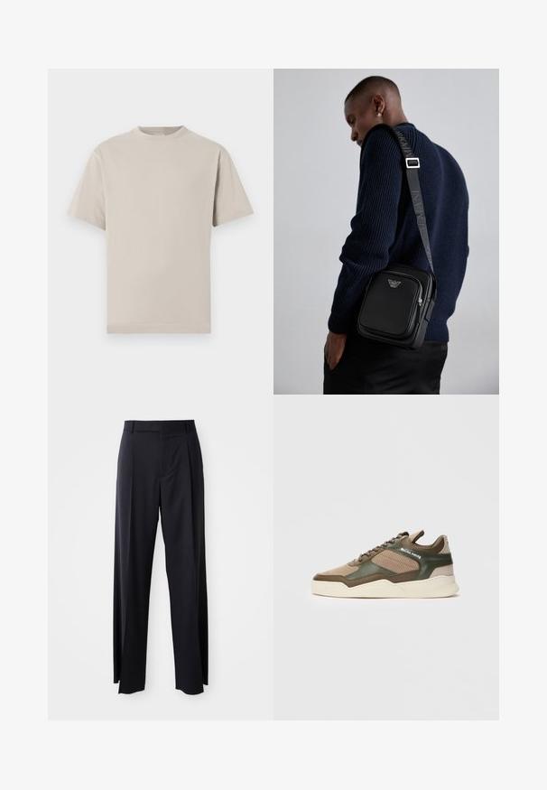 T-shirt de algodão bege claro com gola redonda, mangas curtas e bainha reta. Textura suave, sem padrões ou adornos.; Calças pretas de cintura alta, com corte amplo, feitas de um tecido suave. Apresentam pregas frontais e passadores para cinto. Design minimalista, sem hardware visível.; Sapatilha baixa em bege e verde com lados perfurados, sola branca, atilho na parte da frente e a marca "FILLING PIECES" no painel lateral.; Bolsa de ombro preta em couro com um compartimento com fecho, detalhe com o logótipo e uma alça ajustável com a marca. Usada sobre um suéter texturizado azul marinho.