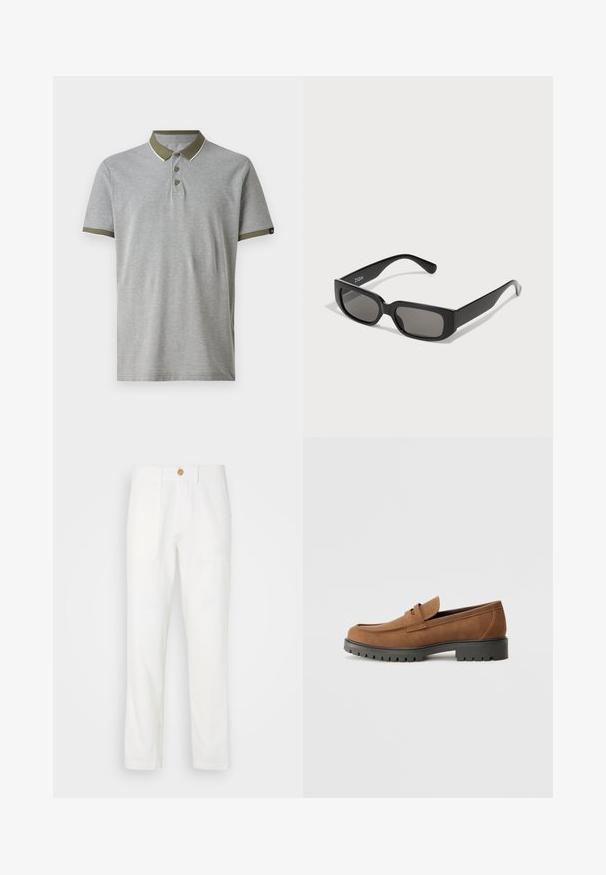 Light gray polo shirt with a green collar and sleeve trim. Features three buttons and white accent stitching. Made from a soft, textured fabric.; White fabric trousers with a straight cut, featuring two front pockets and a button closure. Smooth texture and clean design.; Brown suede loafers with a rounded toe and a low black rubber sole, featuring a decorative strap and stitching details on the upper.; Black rectangular sunglasses with gray-tinted lenses, made of smooth plastic. Features a minimalist design with straight arms and subtle branding.