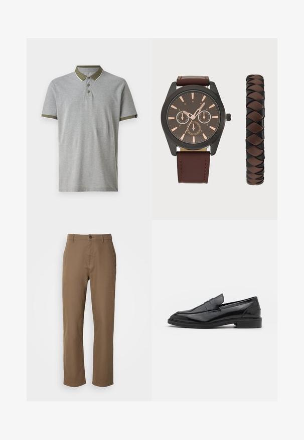 Svetlosiva polo majica z zelenim ovratnikom in pasom na rokavih. Ima tri gumbe in bele poudarjene šive. Narejena je iz mehkega, teksturiranega materiala.; Rjave bombažne hlače s ravnim krojem, gumbom za zapiranje in stranskimi žepi. Imajo gladko teksturo in enostaven, neokrasen dizajn.; Črne usnjene loafersice z gladko površino, s zaobljenim prstom in ozkim pasom čez zgornji del. Nizek zložen petek.; Pier One SET - Ura - black/brown