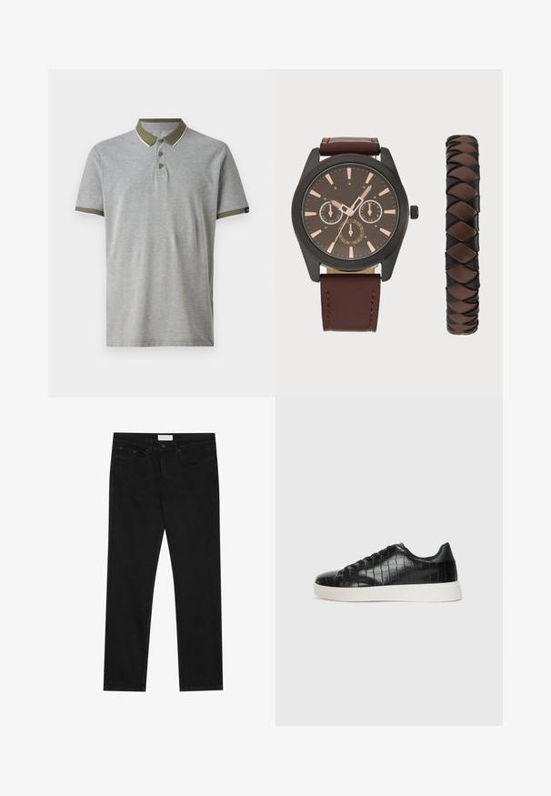 Svetlosiva polo majica z zelenim ovratnikom in pasom na rokavih. Ima tri gumbe in bele poudarjene šive. Narejena je iz mehkega, teksturiranega materiala.; Črne ravne jeans hlače s petimi žepi, z gumbom in zadrgo za zapiranje ter oznako blagovne znamke Pier One na pasu.; Črne športne copate z zgornjim delom iz teksturirane usnjene tkanine s kroko, zaobljenim nosom in kontrastnim belim gumijastim podplatom z gladko površino.; Pier One SET - Ura - black/brown