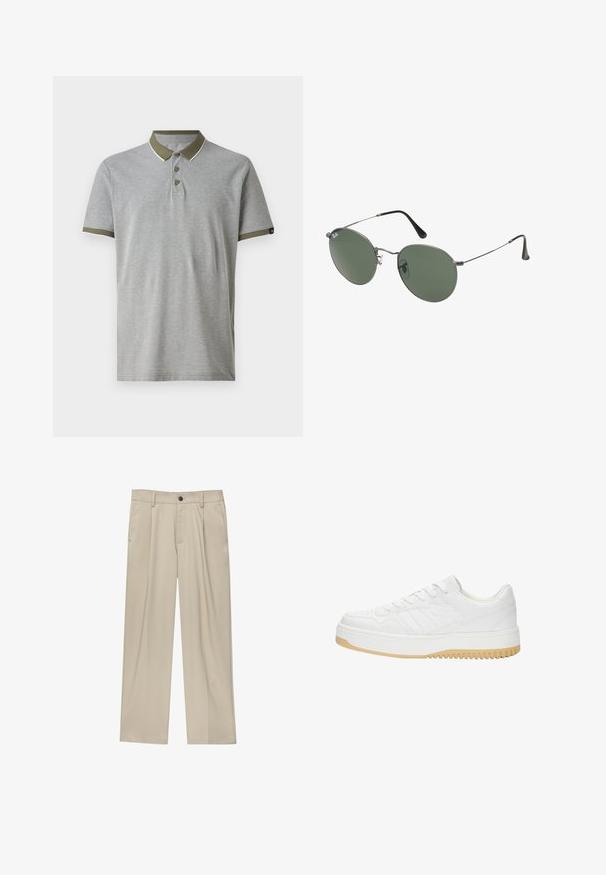 Světlé šedé polo tričko s zeleným límečkem a lemováním rukávů. Obsahuje tři knoflíky a bílou akcentovou nit. Vyrobeno z měkké, texturované látky.; Béžové kalhoty klasického střihu, se jedním černým knoflíkem, poutky na opasek a bočními kapsami. Hladká textilie a minimalistický design.; Bílé kožené tenisky s texturovaným povrchem, vybavené gumovou podrážkou, šněrovacím designem a jemnými proužkovými akcenty po stranách.; Sluneční brýle s kovovým rámem a oválnými zelenými skly. Tenký stříbrný kovový rám a černé chrániče uší. Minimalistický design, žádné viditelné logo.