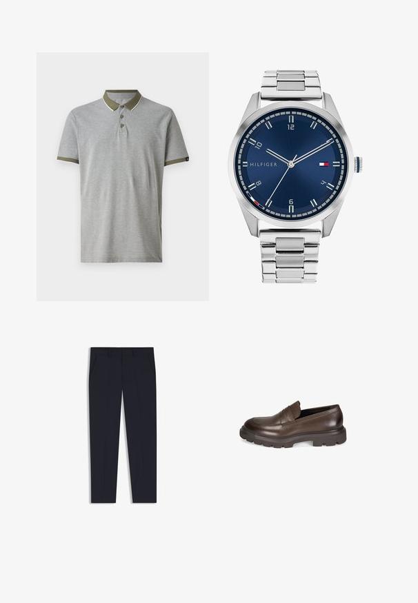 Hellgraues Poloshirt mit grünem Kragen und Ärmelbesatz. Verfügt über drei Knöpfe und weiße Akzentnähte. Hergestellt aus einem weichen, strukturierten Stoff.; Marineblaue Hose mit maßgeschneiderter Passform, ausgestattet mit zwei Vordertaschen, einem flachen Design und einer glatten Textur. Keine sichtbaren Muster oder Verzierungen.; Desa Slipper - brown; Silberne Metall-Uhr mit einem gebürsteten blauen Zifferblatt, weißen Stundenmarkierungen und einem Datumsanzeiger. Verfügt über ein verlinktes Metallarmband und ein Markenlogo.