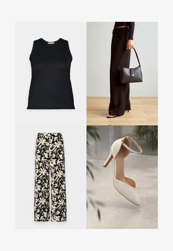 Black sleeveless top in a smooth, stretchy fabric with a crew neckline and a fitted design, featuring clean lines and no visible hardware.; Black wide-leg pants with a cream floral pattern. Made of lightweight fabric, featuring a smooth texture and a high waistband.; White high-heeled shoe in smooth material with pointed toe and ankle strap. Features a light tan interior and gold-tone hardware accent.; Black handbag with structured shape, smooth texture, and a metallic clasp. Paired with wide black pants and open-toe sandals on wooden floor.