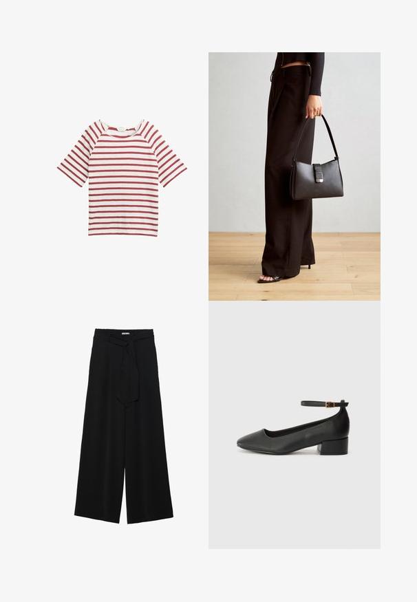 Piros-fehér csíkos póló rövid raglán ujjakkal, kerek nyakkivágással és puha szövettextúrával. Egyszerű dizájn, további díszítések nélkül.; Fekete, bő szárú nadrág, texturált anyagból, rugalmas derékpánttal és levehető sállal a derekán, amely állítható illeszkedést biztosít.; Fekete bőr magassarkú cipő hegyes orral és alacsony tömb sarkal. Bokapánttal rendelkezik, aranyszínű csattal. Simább textúra.; Fekete kézi táska strukturált formával, sima textúrával és fémből készült záródással. Széles fekete nadrággal és nyitott orrú szandállal párosítva, fából készült padlón.