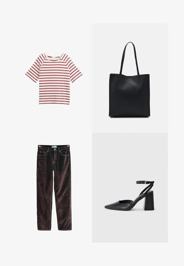 Rdeča in bela črtasta majica s kratkimi raglan rokavi, okroglo ovratnico in mehkim tekstilom. Preprost dizajn, brez dodatnih okraskov.; Rjave kordurojske hlače s ravnimi nogavicami, petimi žepi, kontrastnim šivanjem in gumbom za zapiranje v pasu. Mehka tekstura z rebrastim vzorcem.; Črne usnjene klasične čevlje z ostrim nosom, z zaponko za gleženj in debelim peto. Ravna tekstura, eleganten dizajn in minimalistična estetika.; Črna usnjena torba s svilnato teksturo, pravokotne oblike in dvema dolgima ročajema. Brez vidnih metalnih delov ali okrasnih elementov.