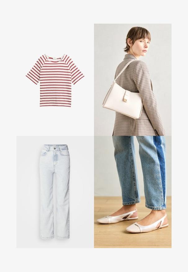 Röd och vit randig t-shirt med korta raglanärmar, rund halsringning och mjuk textur. Enkelt design, inga ytterligare dekorationer.; Ljusblå högmidjade jeans med rak passform, tillverkade av denim. Har en knappgylf, femfickorsdesign och en subtil blekt textur.; Ljust rosa slingback-lägenheter med spetsig tå, tillverkade av ett slätt läderliknande material. Har utskurna detaljer på sidorna och en platt häl.; Vit läderhandväska med en strukturerad design, med en magnetknäppning och en axelrem, visad mot en neutral bakgrund.