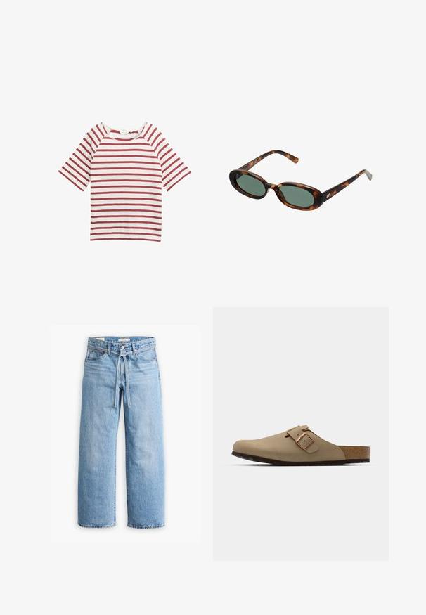 Piros-fehér csíkos póló rövid raglán ujjakkal, kerek nyakkivágással és puha szövettextúrával. Egyszerű dizájn, további díszítések nélkül.; Világoskék farmer bővülő nadrág magas derekú fazonnal, gombos és cipzáras záródással, valamint zsinór részlettel a deréknál. Nyers szegővel ellátva.; Beige szandálok lekerekített orral, állítható csattal és parafa talppal. Texturált felület fekete gumitalppal a tapadásért.; Tortojásmintás napszemüveg ovális kerettel és zöld lencsékkel. Vékony szárakkal rendelkezik, fémes kiegészítővel a csuklók közelében.