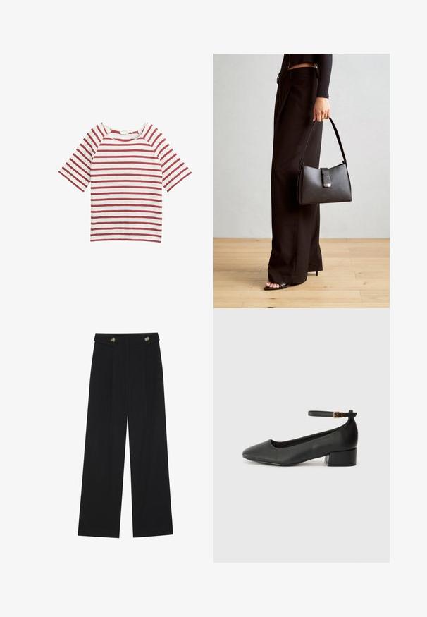 Sarkans un balts svītrots T-krekls ar īsām raglān piedurknēm, apaļu dekoltē un maigu auduma faktūru. Vienkāršs dizains, bez papildu rotājumiem.; Melnas platās bikses ar augstu jostasvietu, pogu detaļām uz jostas un priekšējām krokām.; Melnas ādas sūkņi ar smailu purngalu un zemu bloku papēdi. Iezīmēts ar potītes siksniņu ar zelta krāsas sprādzi. Gluda tekstūra.; Melnā somiņa ar strukturētu formu, gludu tekstūru un metālu sprādzi. Saskaņota ar platām melnām biksēm un sandālēm ar atvērtu purngalu uz koka grīdas.