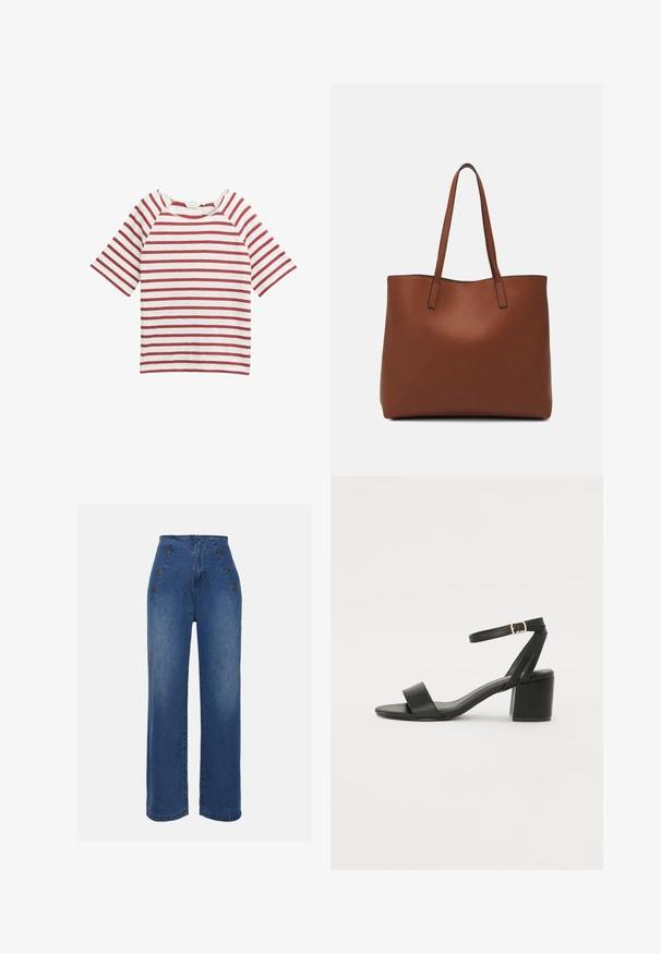 Piros-fehér csíkos póló rövid raglán ujjakkal, kerek nyakkivágással és puha szövettextúrával. Egyszerű dizájn, további díszítések nélkül.; Közepesen kék, magas derekú farmernadrág. Elöl gombos részletek és széles szárú kialakítás jellemzi. Az anyaga sima tapintású, enyhén megfakult.; Fekete magassarkú szandál sima bőr felső résszel, nyitott orral, széles elülső pántokkal és állítható bokapánttal, arany csat részlettel.; Barna bőr vászontáska sima textúrával, nyitott tetejű dizájnnal és két vállpánttal. Minimális varrással és látható hardver nélkül készült.
