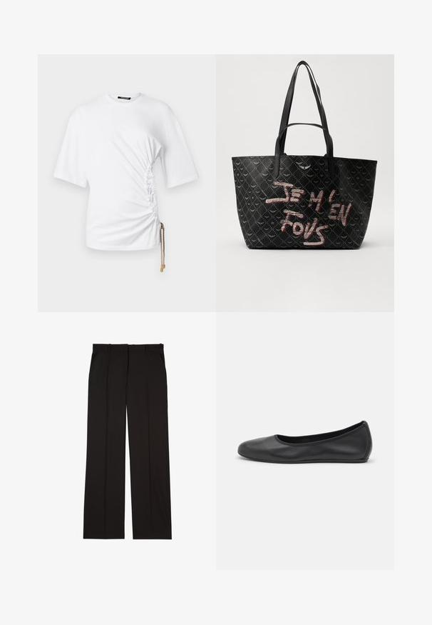 Tricou alb cu mânecă scurtă, cu plisare pe lateral și șnur de ajustare dotat cu accesorii aurii pentru un fit ajustabil. Material din bumbac neted.; Pantaloni negri, croiți, confecționați dintr-un material neted, cu un design drept și două buzunare laterale. Construcție elegantă și minimalistă.; Balerini din piele neagră, cu vârf rotund, textură netedă, detalii de cusătură minimale și un design al tălpii flexibil.; Geantă de umăr neagră, din material texturat, cu un model în diamant, curele pentru umăr și texte îndrăznețe în roșu și alb care citeste „JE M'EN FOUS.”