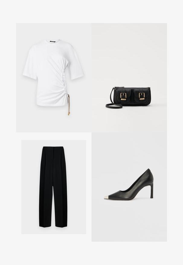 Tricou alb cu mânecă scurtă, cu plisare pe lateral și șnur de ajustare dotat cu accesorii aurii pentru un fit ajustabil. Material din bumbac neted.; Pantaloni negri evazați cu talie înaltă, având plisseuri și o textură netedă. Țesătura pare ușoară și se așază elegant.; Pantof cu toc înalt din piele neagră, cu vârf ascuțit și un capac metalic argintiu. Are un finisaj neted și un toc subțire de 10 cm.; Geantă neagră din piele, tip crossbody, cu două buzunare frontale, catarame aurii, închidere cu fermoar și o curea subțire. Suprafață texturată și formă rectangulară compactă.