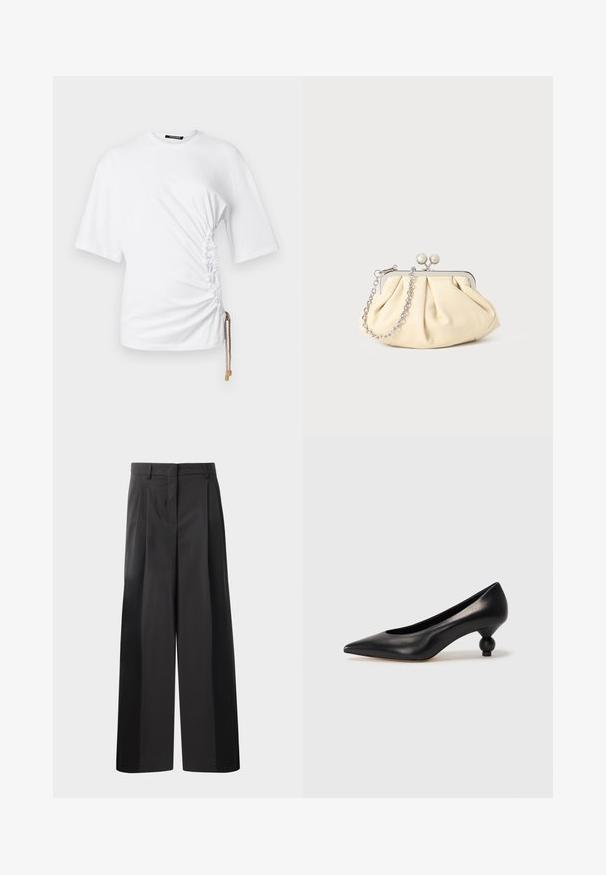 Weißes Kurzarm-T-Shirt mit seitlicher Raffung und einem Kordelzug mit goldfarbenen Beschlägen für eine verstellbare Passform. Glattes Baumwollgewebe.; Schwarze, weit geschnittene Hose mit hoher Taille, versehen mit Frontfalten, einer glatten Textur und einem maßgeschneiderten Finish. Entworfen für eine lockere Passform.; Schwarze Leder-Pumps mit spitzem Zehenbereich und runder, ballförmiger Ferse. Glatte Textur mit einem eleganten, minimalistischen Design.; Faltige beigefarbene Ledertasche mit einem silbernen Metallrahmen, ausgestattet mit zwei runden dekorativen Verschlüssen und einem silbernen Kettenriemen.