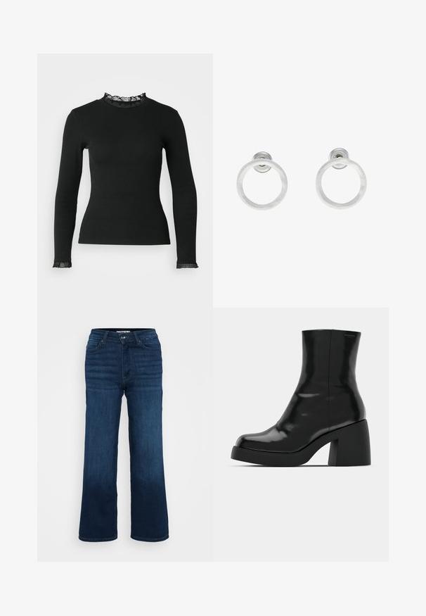 Black long-sleeve top in ribbed material with a fitted silhouette. Features a scalloped lace trim at the collar and sleeve hems.; ONLY Petite ONLMADISON BLUSH WIDE - Wide Leg - dark blue denim; Black ankle boots with a glossy finish, square toe, and a thick block heel. The design features a seamless silhouette and minimal branding.; Silver metal hoop earrings with a brushed texture, featuring a circular design and a clear post back for secure wear.