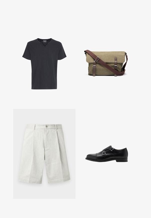 Mörkgrå kortärmad T-shirt med V-ringning för män. Tillverkad av mjukt tyg med en avslappnad passform och kontrasterande sömmar vid nacke och ärmar.; Ljusgrå shorts i texturerat tyg med knappstängning, veck och rak skärning, lämpliga för vardagsbruk.; Svart läder dubbel munkremssko med rund tå och silverbucklor. Slät textur och en platt häl ger stabilitet.; Grön canvas budväska med bruna läderdetaljer, justerbar rem och silverfärgad hårdvara. Lockstängning med spänndetaljer.