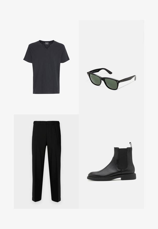 Pánské tmavě šedé tričko s krátkým rukávem a výstřihem do V. Vyrobené z měkkého materiálu s volným střihem a kontrastním prošíváním podél výstřihu a rukávů.; Černé kalhoty vyrobené z hladké tkaniny, s rovnými nohavicemi, dvěma předními kapsami a zapínáním na zip s knoflíkem.; Černá kožená kotníková bota s hladkým povrchem, elastickými bočními panely a poutkem. Kulatá špička a plochá gumová podrážka s minimálním vzorkem.; Černé plastové sluneční brýle se zelenými skly, čtvercové obroučky, stříbrný detail na obočí a texturované stranice. Značka uvedená na vnitřní straně stranic.