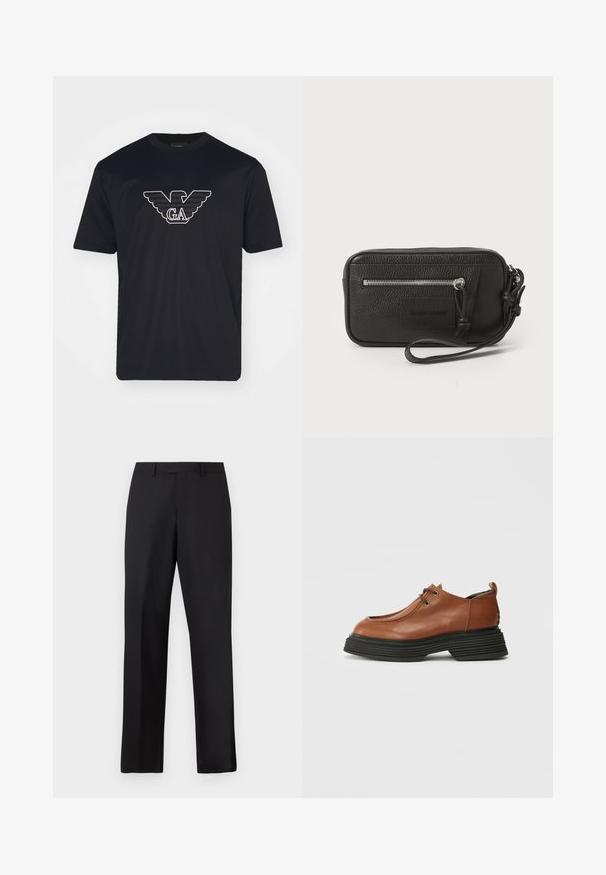 Emporio Armani Marškinėliai su spaudiniu - black; Juodos, tiesios kojų kelnės iš lygaus audinio. Turi standartinę juosmens juostą ir neturi matomų raštų ar akcentų.; Rudos odinės bateliai su apvaliu pirštu, raištelių dizainu ir storu juodu sluoksniuotu padu. Išskirtinai akcentuojama struktūrizuota siluetas ir tekstūra.; Juodas odinis delninukas su tekstūruotu paviršiumi, priekinė užtrauktuko kišenė ir nuimama riešo juosta. Priekyje yra logotipo etiketas. Stačiakampio formos.