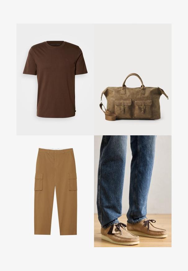 Hnedé bavlnené tričko s krátkymi rukávmi, okrúhlym výstrihom a malou vyšitou logom na hrudi. Hladká textúra a štandardný strih.; Hnedé cargo nohavice s dvoma bočnými vreckami, rovný strih a hladký predný diel. Vyrobené z odolnej látky s jemnou textúrou.; Suede mokasíny v béžovej farbe s tmavohnedými akcentmi, s zaoblenou špičkou a plyšovou bielou podrážkou. Obsahuje šnurovací dizajn a prešité detaily.; Hnedá kožená taška na cestovanie s dvoma prednými vreckami, nastaviteľným ramenným popruhom, zlatými kovovými doplnkami a pevným horným uchom. Hladký povrch.
