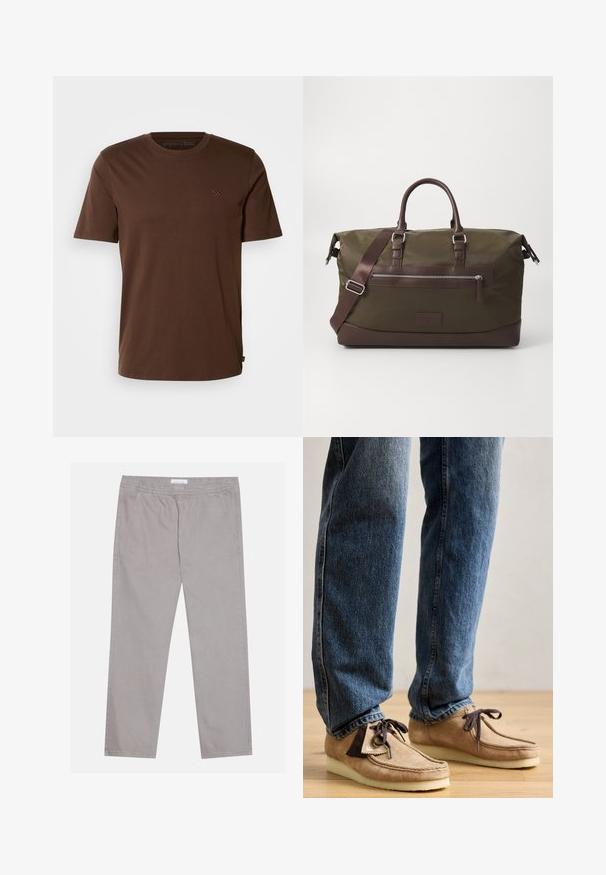 Bruine katoenen t-shirt met korte mouwen, ronde hals en een klein geborduurd logo op de borst. Gestructureerde textuur en normale pasvorm.; Lichtgrijze katoenen broek met een elastische tailleband, twee zijzakken, een recht poten ontwerp en een zachte textuur. Eenvoudige stiksel.details.; Suède mocassins in tan met een donkerbruin accent, ronde neus en een zachte witte zool. Beschikt over een vetersluiting en gestikte details.; Canvas reistas in olijfgroen met bruine leren accenten, voorzien van dubbele handgrepen, een afneembare schouderriem en een voorzak met rits.; Multilaags ketting met metalen zilveren kettingen en kralen in witte en bruine tinten, die verschillende texturen en vormen toont.