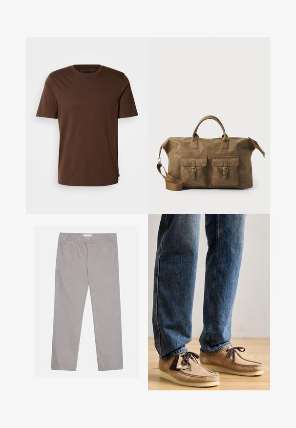 Tricou din bumbac maro, cu mâneci scurte, de tip crew neck și un mic logo brodat pe piept. Textură netedă și croială obișnuită.; Pantaloni din bumbac gri deschis, cu talie elastică, două buzunare laterale, design cu picioare drepte și o textură netedă. Detalii simple de cusătură.; Mocasin din suede de culoare bej cu accente de maro închis, vârf rotunjit și talpă moale albă. Prezintă un design cu șireturi și detalii cusute.; Geantă de voiaj din piele maro, cu două buzunare frontale, curea de umăr ajustabilă, accesorii aurii și mânere superioare rezistente. Textură netedă.