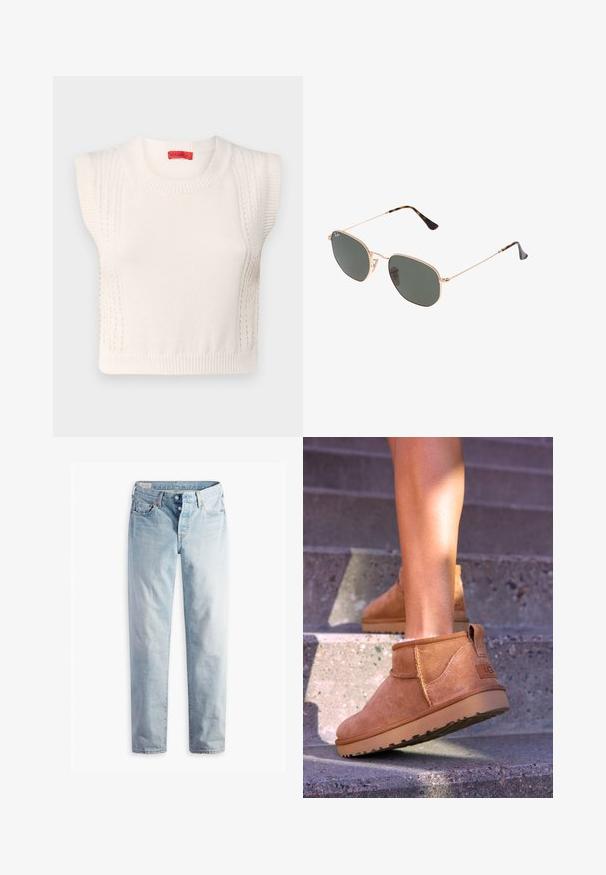 Valkoinen neulepusero ilman hihoja, jossa on pyöreä pääntie, ribbausreunat sekä teksturoitu paneeliyksityiskohta sivuilla. Punainen brändilabel sisäpuolella.; Vaaleansiniset farkut, joissa on suora lahje, kaksi etutaskua ja kaksi takataskua. Mukana kaksi nappia kynnyksessä ja hienovarainen ompelu.; Kahdenruskeat mokkanahkaiset nilkkurit, joissa on pehmeä pinta, kirjailtua yksityiskohtaa ja kumipohja. Kengissä on myös kätevä lenkki kantapäässä, joka helpottaa pukemista.; Kultaa metallikehyksiset aurinkolasit tummanvihreillä linsseillä, pilottilaatuinen tyyli, jossa on kapeat varret ja kilpikonnakuosiset korostukset päissä.; Lauren Ralph Lauren PEBBLED LEATHER SMALL TANNER SATCHEL - Käsilaukku - camel