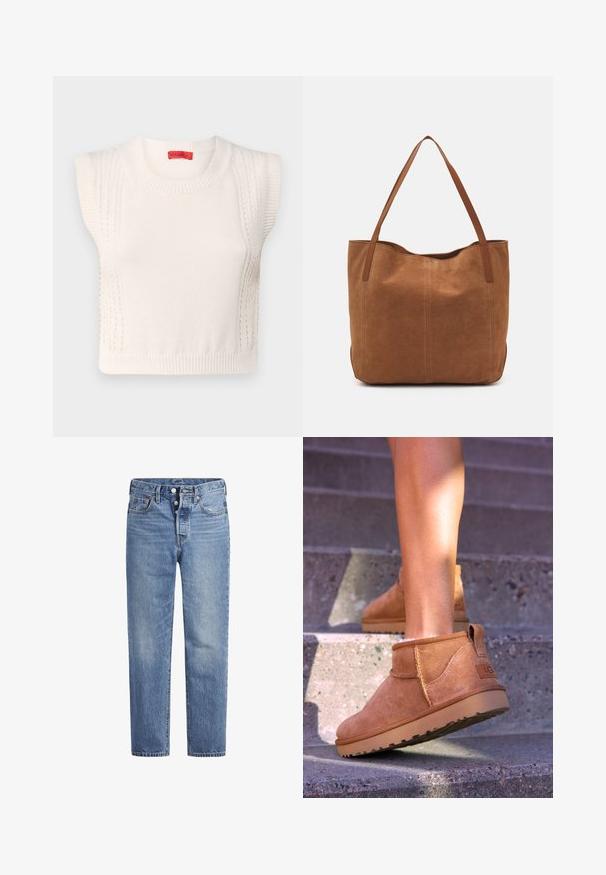 Hvit strikket ermeløs genser med rund hals, med ribbestrikkede kanter og teksturerte paneldetaljer på sidene. Rød merkelapp inni.; Lyseblå denimjeans med rett snitt, fem-lomme design og knappeåpning. Har subtile falminger og oransje sømdetaljer.; Brune sued støvletter til ankelen med en myk tekstur, sydet detaljer og gummisåle, med en løkket hæl for enkel påkledning.; Brun semsketotebag med to lange håndtak, som har en glatt tekstur, enkelt design, og ingen synlig maskinvare eller aksenter.