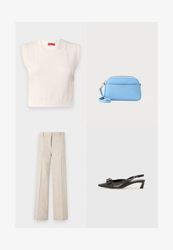 Suéter sin mangas de punto blanco con escote redondo, presenta bordes acanalados y detalles de panel texturizado en los laterales. Etiqueta de marca roja en el interior.; Pantalones de pierna ancha en color beige, confeccionados en una tela ligera, con una textura suave y pliegues delanteros limpios. La cinturilla está diseñada con trabillas para cinturón.; Zapato slingback de cuero negro con punta afilada, tacón pequeño y detalle de hebilla decorativa en la parte superior. Textura suave, diseño minimalista.; Bolso cruzado de cuero azul claro con herrajes en tono dorado, cierre de cremallera y un bolsillo frontal. cuenta con una correa ajustable para mayor comodidad.