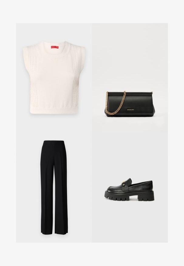 White knitted sleeveless sweater with a round neckline, featuring ribbed edges and textured panel details on the sides. Red brand label inside.; Black wide-leg trousers with a smooth texture, featuring a high waistband and center pleats. No visible patterns or hardware details.; Black leather loafers with a chunky sole, featuring a gold-tone accent on the front and a smooth finish. Chunky tread design on the sole.; Black leather clutch bag with a gold chain strap, featuring a smooth texture, rectangular shape, and embossed branding on the front.