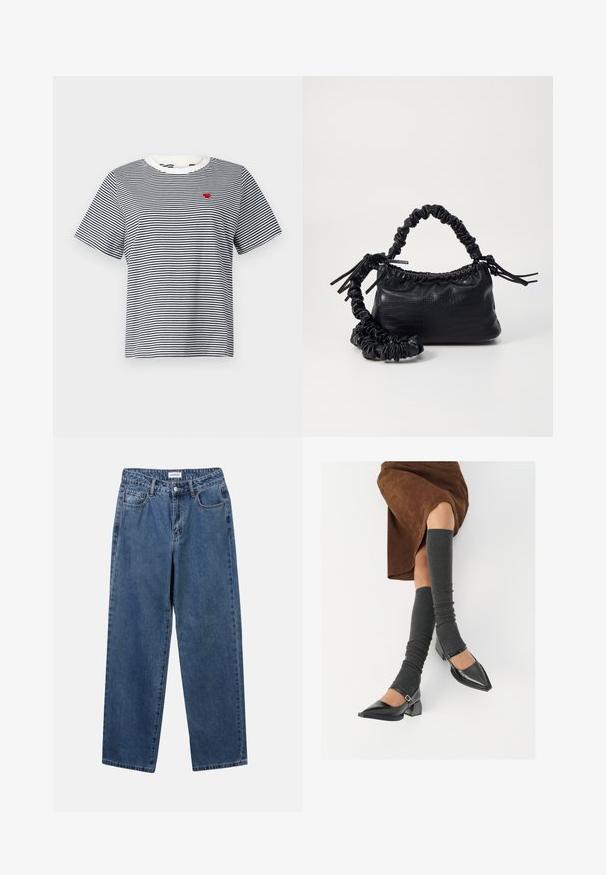 Csíkos póló sötétkék és fehér színben, kerek nyakkal és rövid ujjakkal. A bal mellrészen egy kis piros szív logó található.; Klasszikus kék farmernadrág egyenes szárú dizájnal, öt zsebbel és gombos zárással. Közepes mosású és strapabíró textúrával rendelkezik.; Fekete lakk bőrből készült, hegyes orrú cipők, tömbsarkúakkal és bokapánttal, szürke bordás lábszármelegítőkkel és barna velúr szoknyával párosítva.; Fekete műbőr kézi táska krokodil bőr textúrával, összehúzható tetejű és gyűrt pánttal. Lágy és kompakt dizájnúnak tűnik.