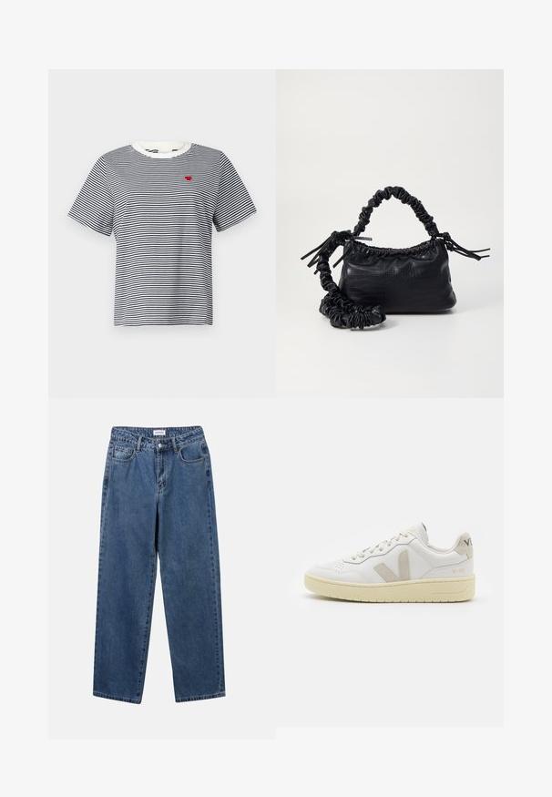 Csíkos póló sötétkék és fehér színben, kerek nyakkal és rövid ujjakkal. A bal mellrészen egy kis piros szív logó található.; Klasszikus kék farmernadrág egyenes szárú dizájnal, öt zsebbel és gombos zárással. Közepes mosású és strapabíró textúrával rendelkezik.; Fehér bőr sneaker bézs velúr részletekkel, perforált orr résszel, lapos fűzőkkel és textúrált krémszínű talppal. Finom márkajelzés található a sarkán.; Fekete műbőr kézi táska krokodil bőr textúrával, összehúzható tetejű és gyűrt pánttal. Lágy és kompakt dizájnúnak tűnik.