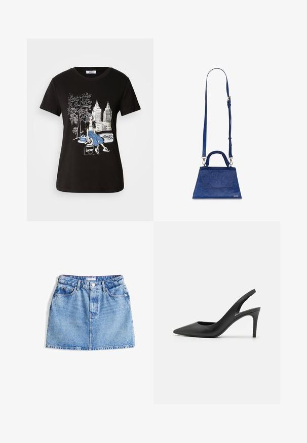 Black cotton t-shirt featuring a graphic design of a woman with a tree and cityscape, highlighting contrasting colors and intricate details.; Denim mini skirt in light blue with a five-pocket design, button closure, and subtle faded texture. Features a branded waistband label.; Black leather slingback high heels with a pointed toe design, featuring a cutout at the front and a thin stiletto heel.; Blue faux leather handbag with a triangular shape, top handle, and adjustable shoulder strap. Features a smooth texture and front flap detail.; Gold-tone drop earrings featuring a circular white stud and a teardrop-shaped white bead with a tapered gold accent.