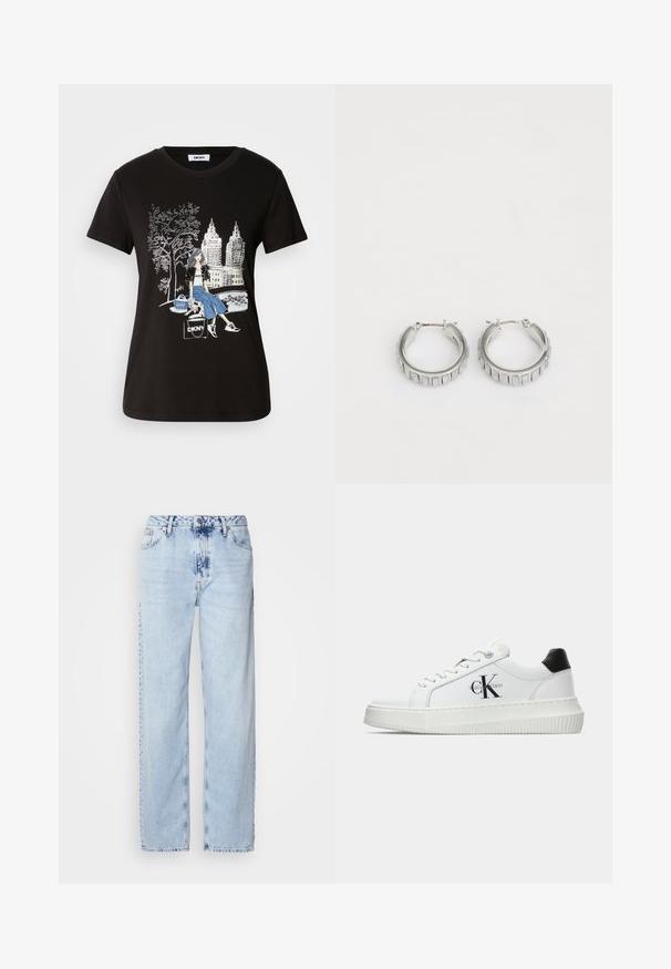 Camiseta de algodón negra con un diseño gráfico de una mujer con un árbol y un paisaje urbano, destacando colores contrastantes y detalles intrincados.; Jeans de pierna ancha en azul claro, confeccionados en denim, con una cintura alta, un lavado desgastado y un sutil patrón de tie-dye en la parte delantera.; Zapatilla baja blanca con talón negro, suela de plataforma, cordones y logotipo "CK" de Calvin Klein en el lado.; Pendientes de aro plateados con un diseño texturizado que presenta estrías verticales. Forma circular con un cierre de seguridad. Acabado suave.