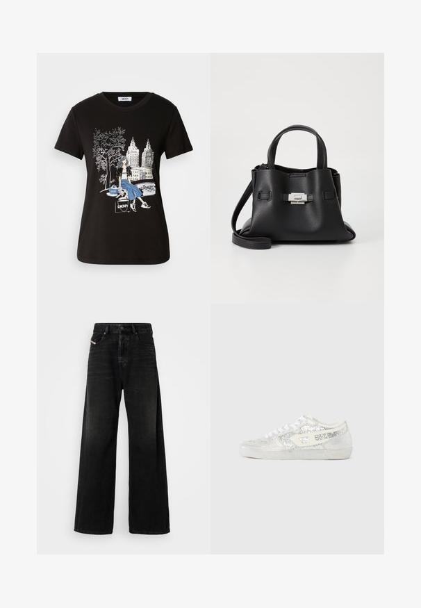 Svart bomull T-skjorte med grafisk design av en kvinne med et tre og bylandskap, som fremhever kontrasterende farger og intrikate detaljer.; Bredde ben svarte denimjeans med høy midje, med knappelukking, frontlommer og en falmet tekstur.; Sølv glittersneakers med hvite snører, med en glatt gummisåle og en teksturert overflate. Detaljer inkluderer et hvitt logodesign på siden.; Svart skinnveske med teksturert overflate, som har to håndtak på toppen, en avtagbar skulderrem og detaljer med sølvspenne.