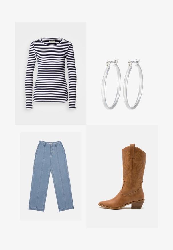 Pika-pikkade varrukatega tipp, millel on tumesinine ja valge horisontaalne triibumuster, soonikkoes ja ümmargune kaelus.; Heledad sinine laiad püksid, mis on valmistatud denimist. Omavad kõrget talje, nupuvärvi ja nähtavat õmblust. Esiküljel ei ole nähtavaid taskuid.; Kohvitooni nahast cowboy-kork, millel on terav varvas, tikitud keerised varrel ja virnastatud ploki konts. Omab tõmbeava, et seda oleks lihtne jalga panna.; Hõbedased rõngaskõrvarõngad, millel on sile, läikiv viimistlus. Ümmargune kuju ja turvaline klõpsulatus. Kerge disain, sobib igapäevaseks kandmiseks.