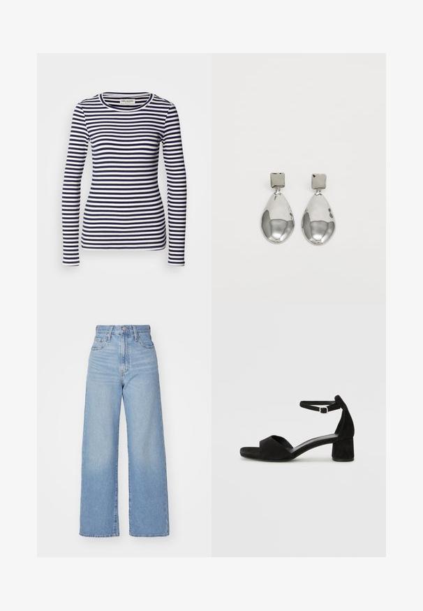 Langermet topp med et marineblått og hvitt horisontalt stripemønster, ribbet tekstur og rund hals.; Lys blå høytlivs vide jeans med knapp- og glidelås lukking foran, foran og bak lommer, på en hvit bakgrunn.; Sorte semskede hælede sandaler med en tynd ankelrem, åbent tådesign og en beskeden blokhæl. Glat tekstur og minimale accenter.; Sølv dråpeøreringer med firkantet studs, med en glatt, polert overflate og en tåreformet design som reflekterer lys med en blank overflate.