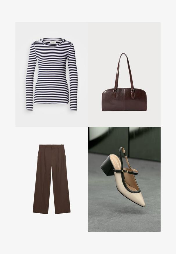 Pitkähiuksinen paita, jossa on laivastonsininen ja valkoinen vaakasuora raitakuosi, ribbikuviointi ja pyöreä pääntie.; Ruskeat leveälahkeiset housut, jotka on valmistettu sileästä kankaasta. Niissä on korkea vyötärö, etusilkkukkeet ja kaksi sivutaskua.; Beige slingback-kengät, joissa on musta reuna, kultahakas, ja paksu lohkoheel, harmaalla lattialla tummanvihreää taustaa vasten.; Ruske kožne torbe s dva dugačka ručka, strukturiranog pravokutnog oblika, glatke teksture i zaobljenih rubova. Sadrži detalje s naglaskom na ručkama.