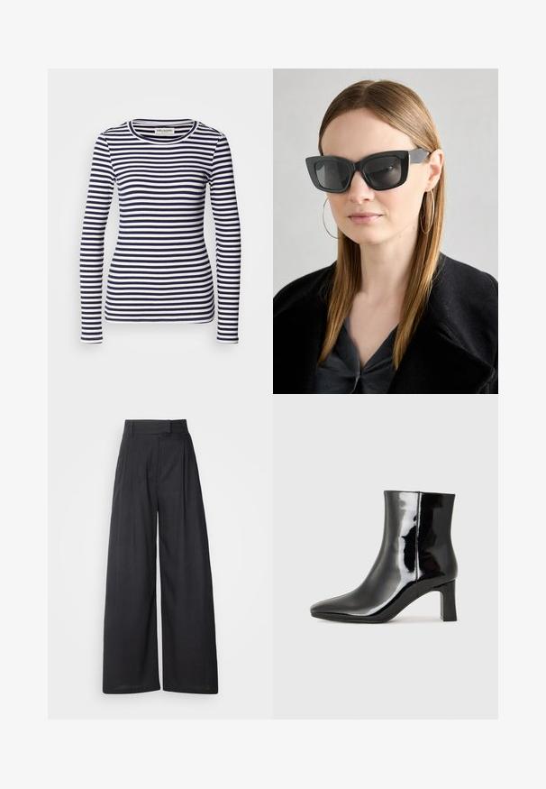Langermet topp med et marineblått og hvitt horisontalt stripemønster, ribbet tekstur og rund hals.; Mørke, vide bukser med struktureret talje og læg. Fremstillet af letvægtsstof, der har en glat tekstur og ingen synlige mønstre.; Sorte patentlær ankle boot med spiss tå og en mellomhøy blokkhelt. Glatt tekstur og minimalistisk design.; Sorte katteøyne solbriller med mørke linser, tykke rammer og subtile detaljer. Båret med en svart frakk og grå topp, med langt, rett hår.